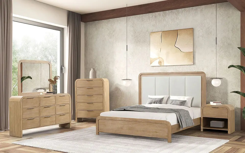 Light oak bedroom set with upholstered bed, dresser, mirror, and nightstand in a modern neutral setting.