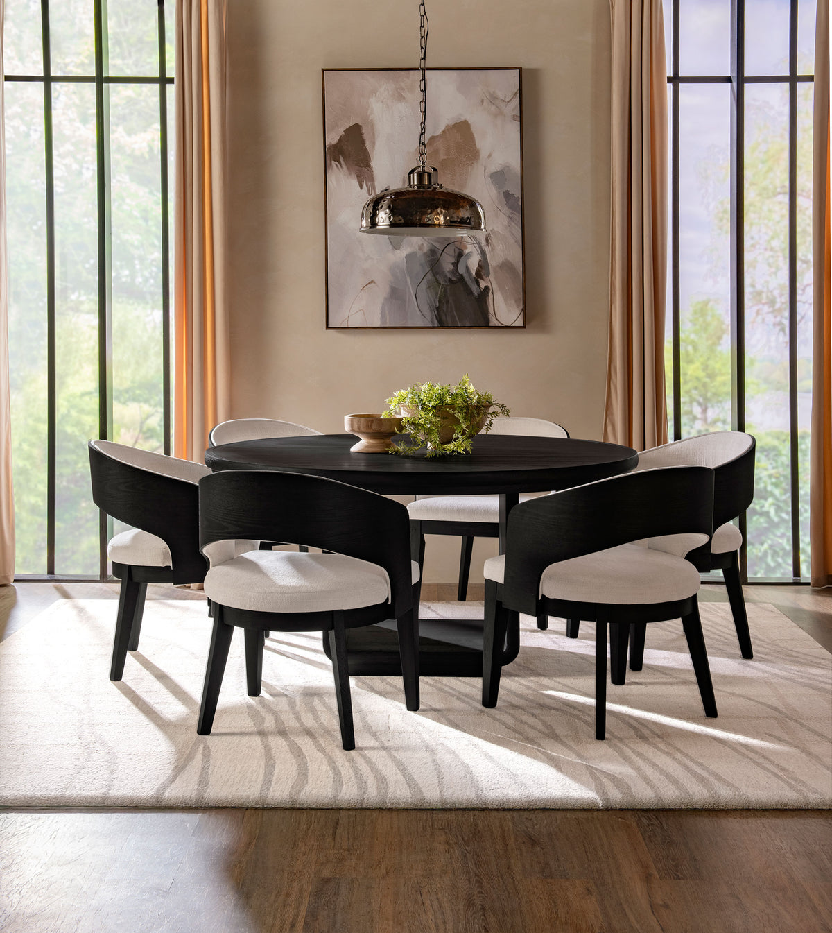 Leandro 7-piece Round Dining Table Set Burnished Black with 6 Arm Chairs