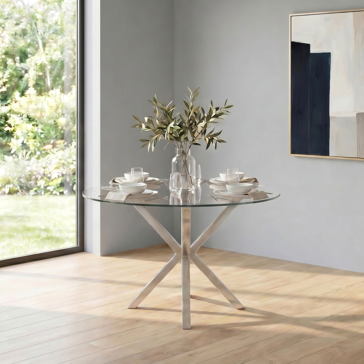 Vance Round 41-inch Glass Top Asterisk Dining Table Chrome