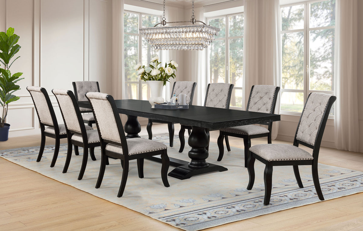 Phelps 9-piece Rectangular Dining Table Set Distressed Noir with 8 Side Chairs