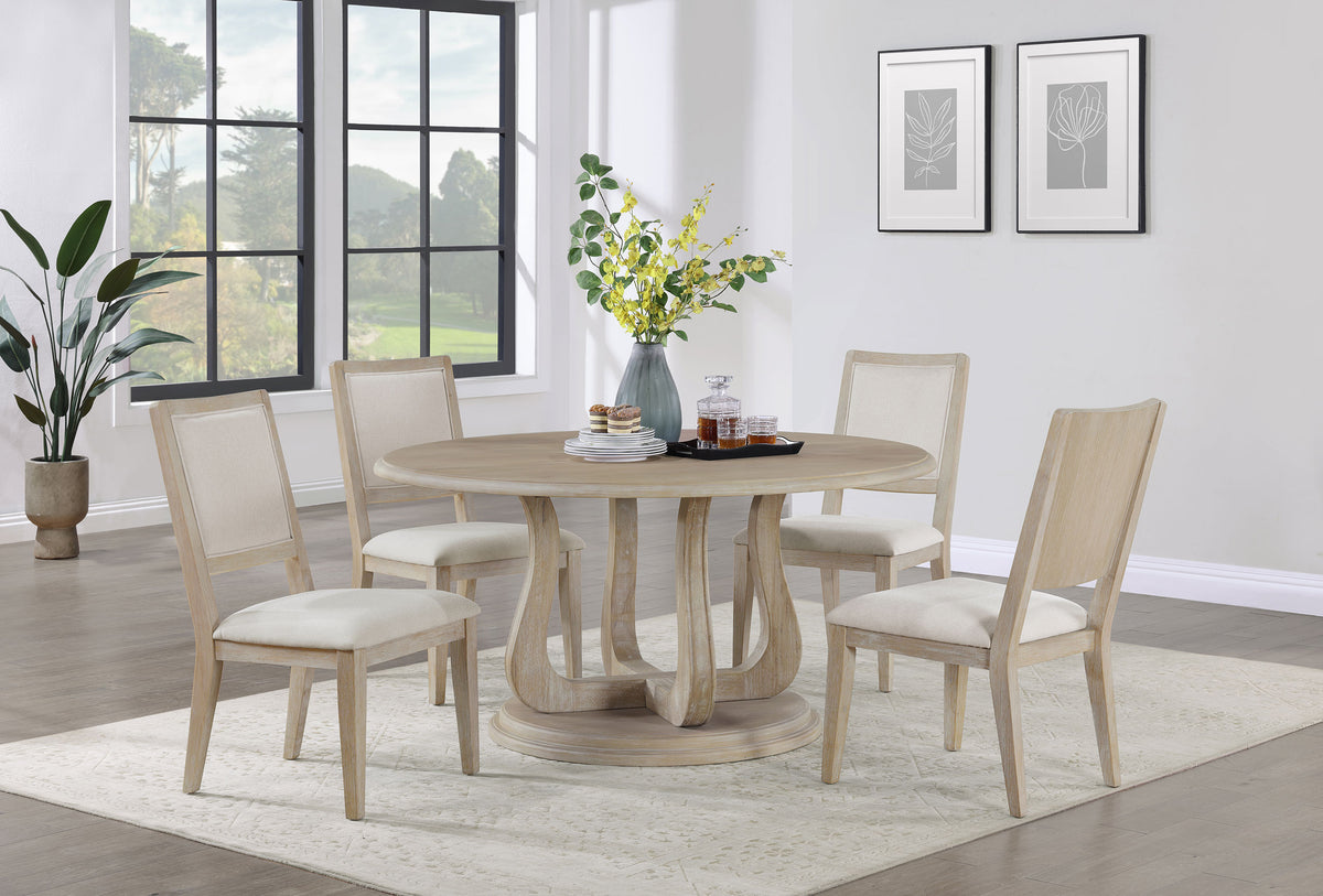 Trofello 60-inch Round Sculptural Pedestal Dining Table White Washed