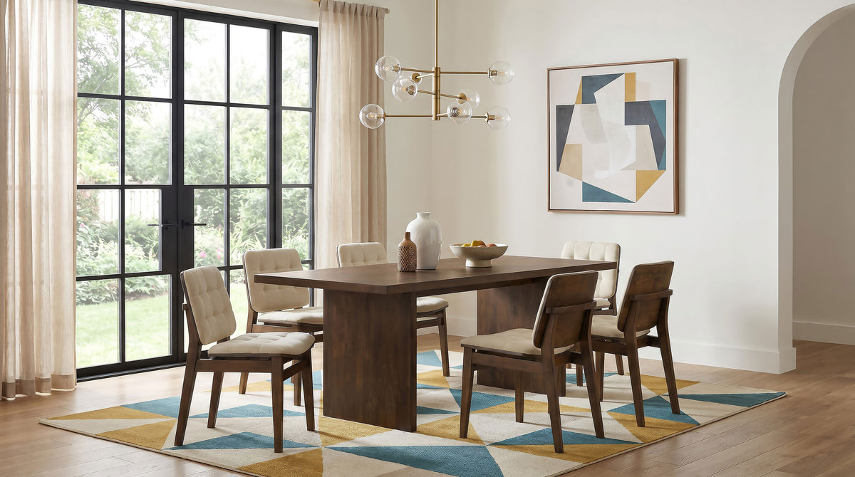 Decker 7-piece 82-inch Rectangular Dining Set with Redbridge Side Chairs - Walnut, Cream