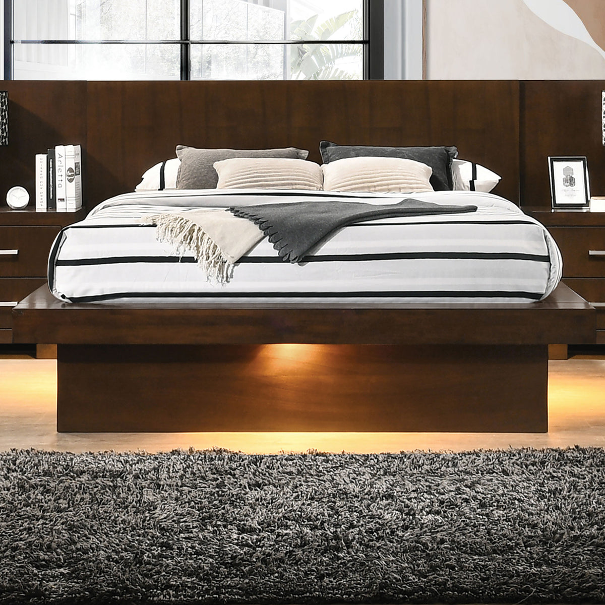 Jessica Wood LED Panel Bed - Queen, Cappuccino