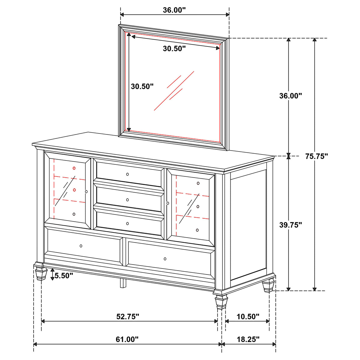 Sandy Beach 11-drawer Dresser Cream White - With Mirror