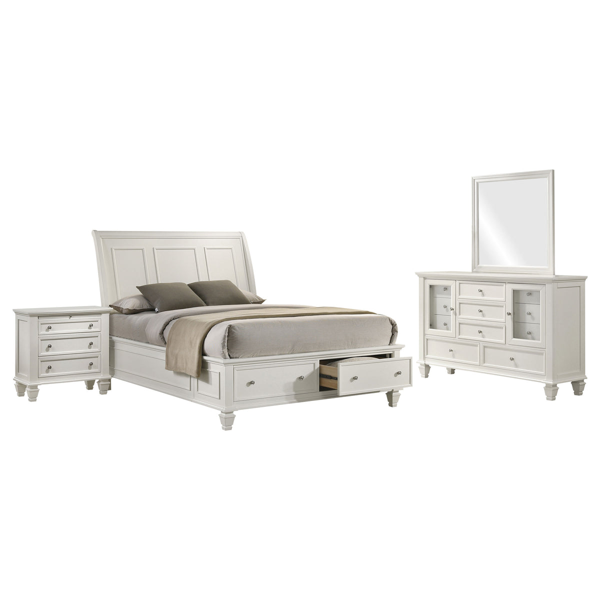 Sandy Beach 4-piece Bedroom Set Cream White with Wood Storage Panel Bed - Eastern King