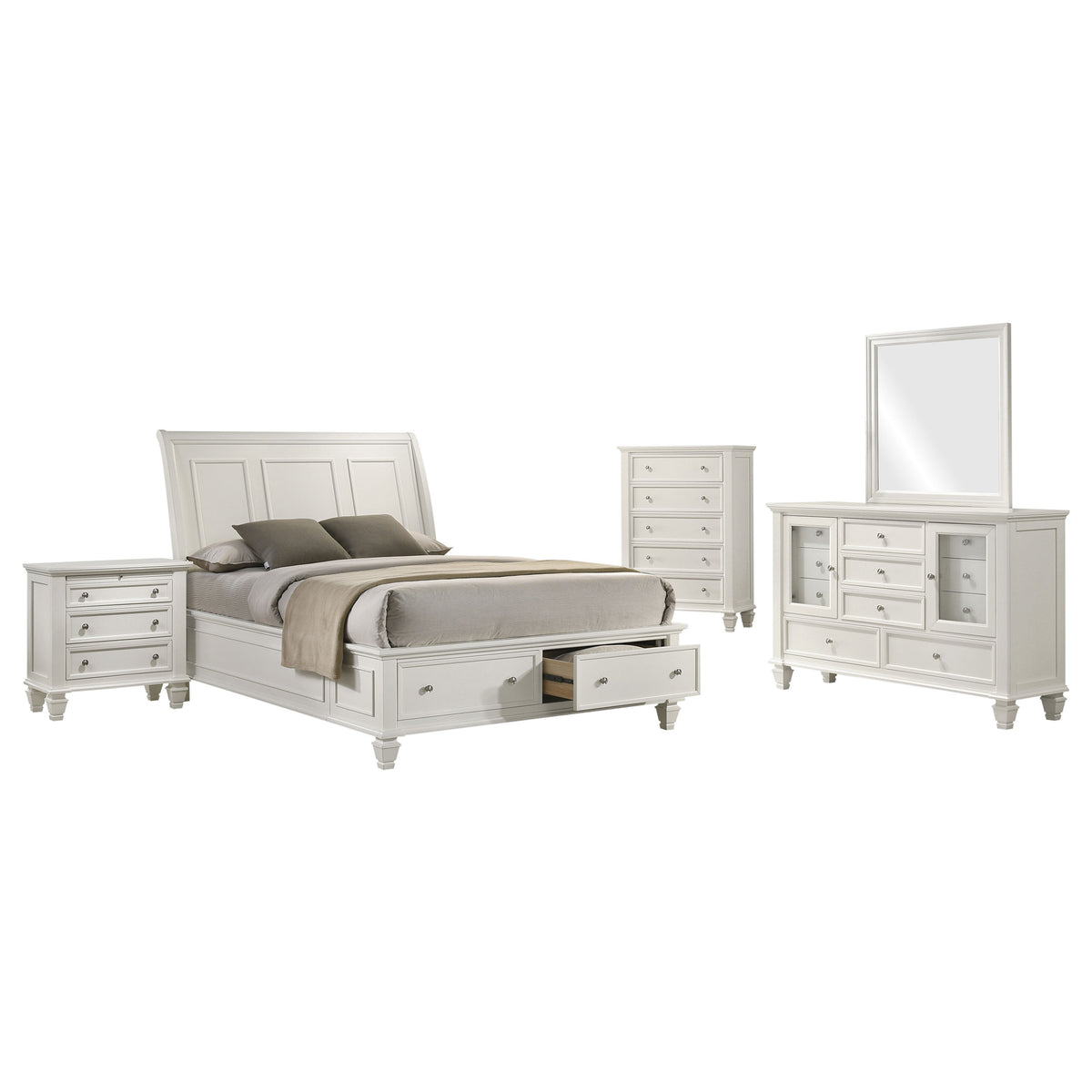 Sandy Beach 5-piece Bedroom Set Cream White with Wood Storage Panel Bed - Eastern King