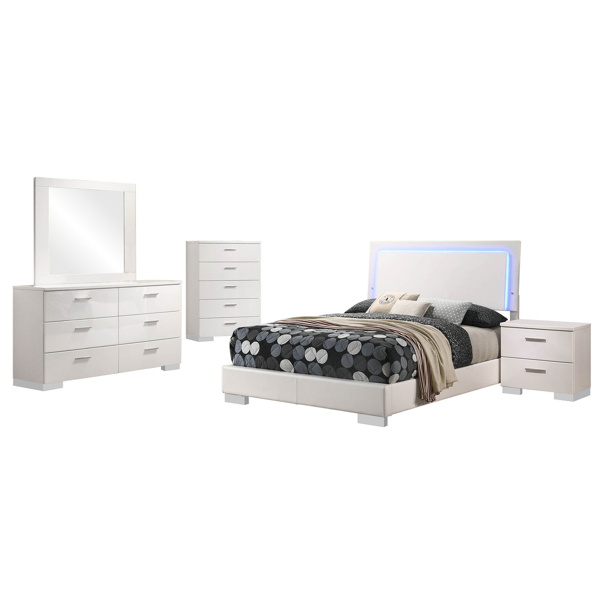 Felicity 5-piece Bedroom Set White High Gloss with Wood LED Panel Bed and Dresser Mirror - Full