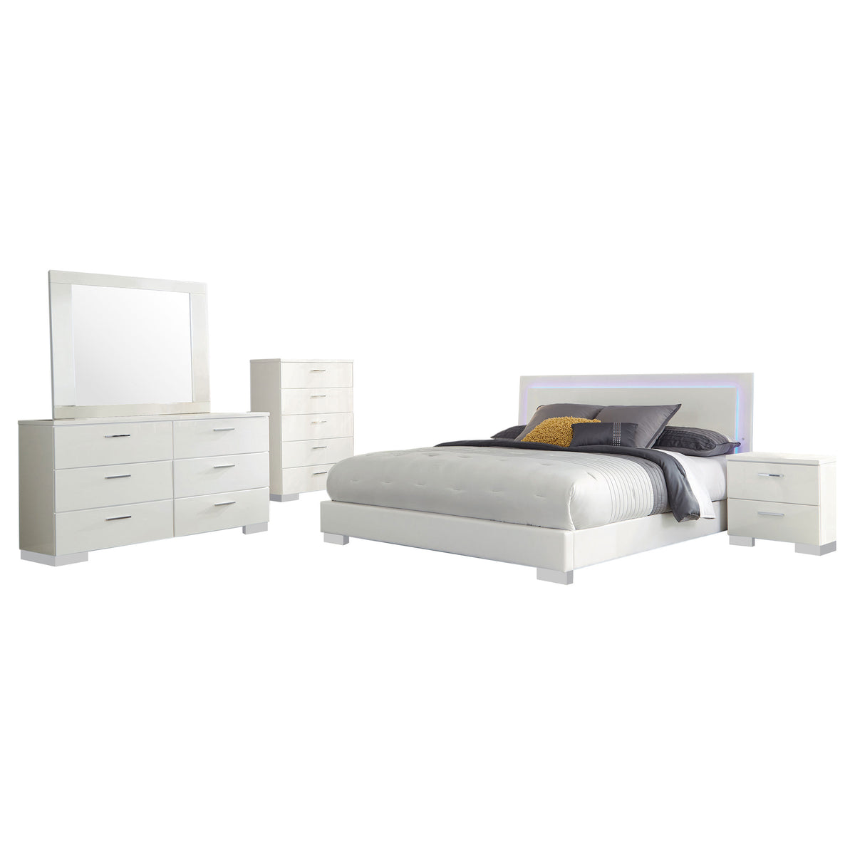 Felicity 5-piece Bedroom Set White High Gloss with Wood LED Panel Bed and Dresser Mirror - Eastern King