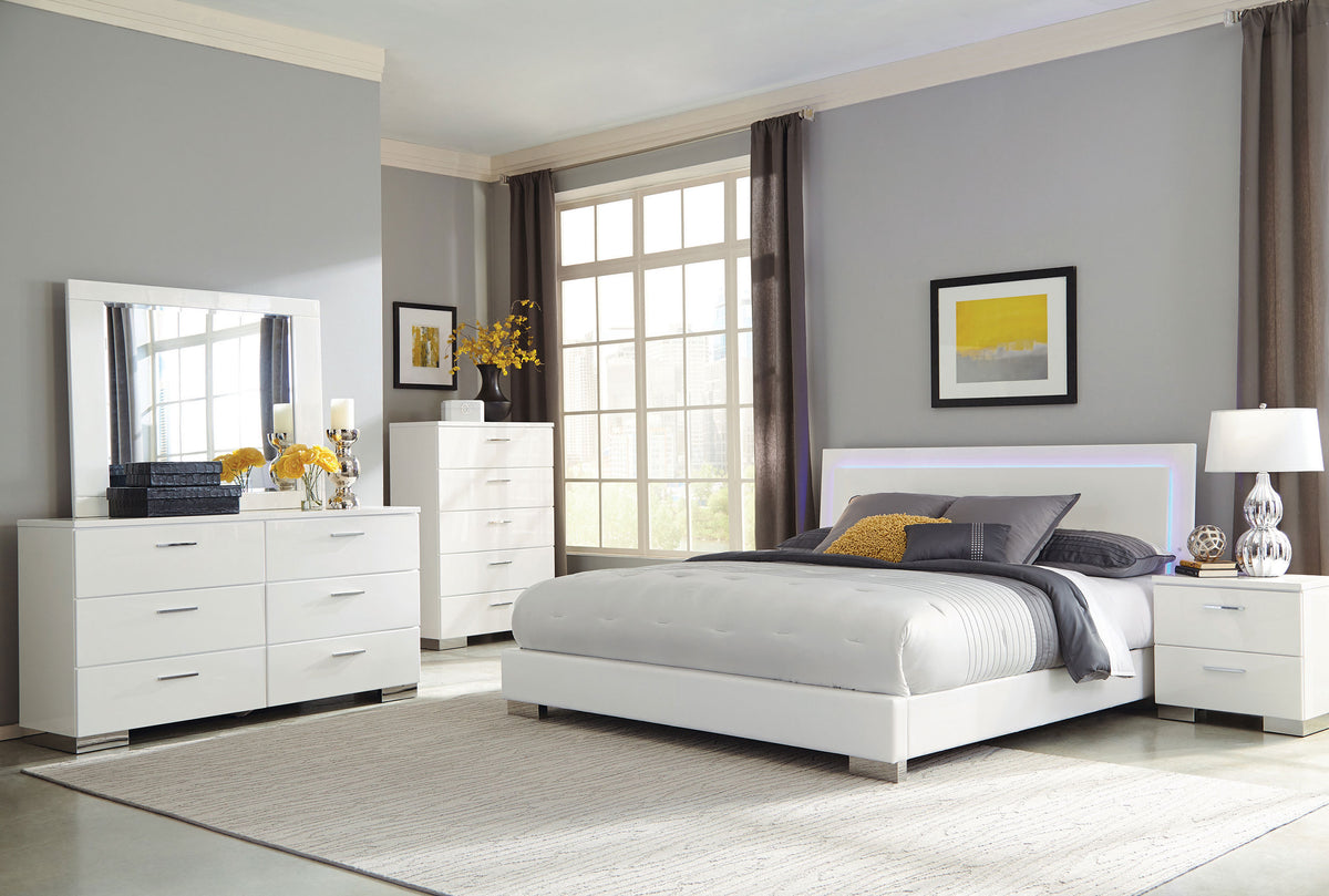 Felicity 5-piece Bedroom Set White High Gloss with Wood LED Panel Bed and Dresser Mirror - Queen