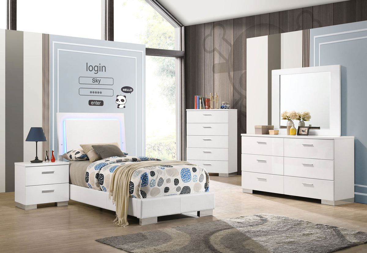 Felicity 5-piece Bedroom Set White High Gloss with Wood LED Panel Bed and Dresser Mirror - Twin