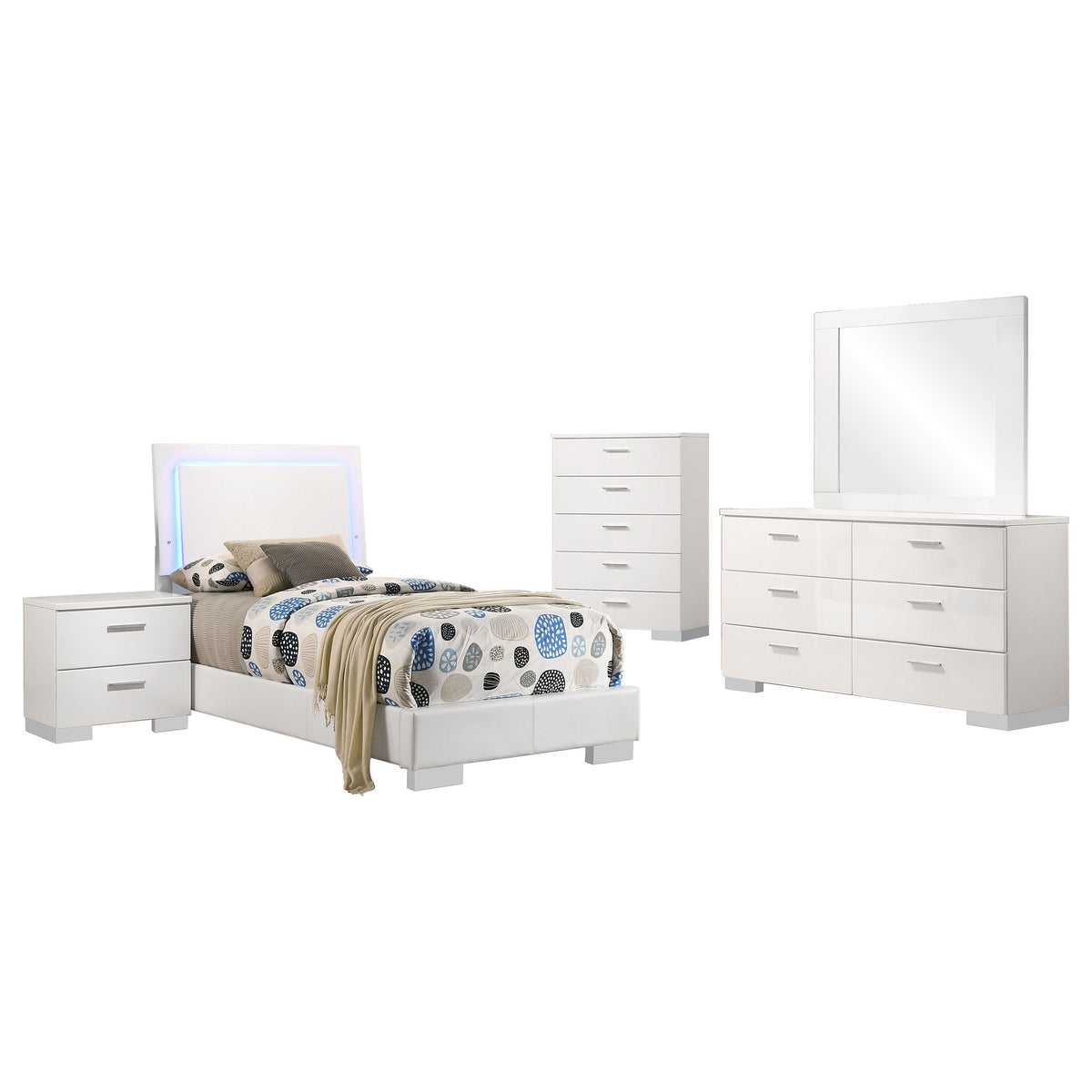 Felicity 5-piece Bedroom Set White High Gloss with Wood LED Panel Bed and Dresser Mirror - Twin