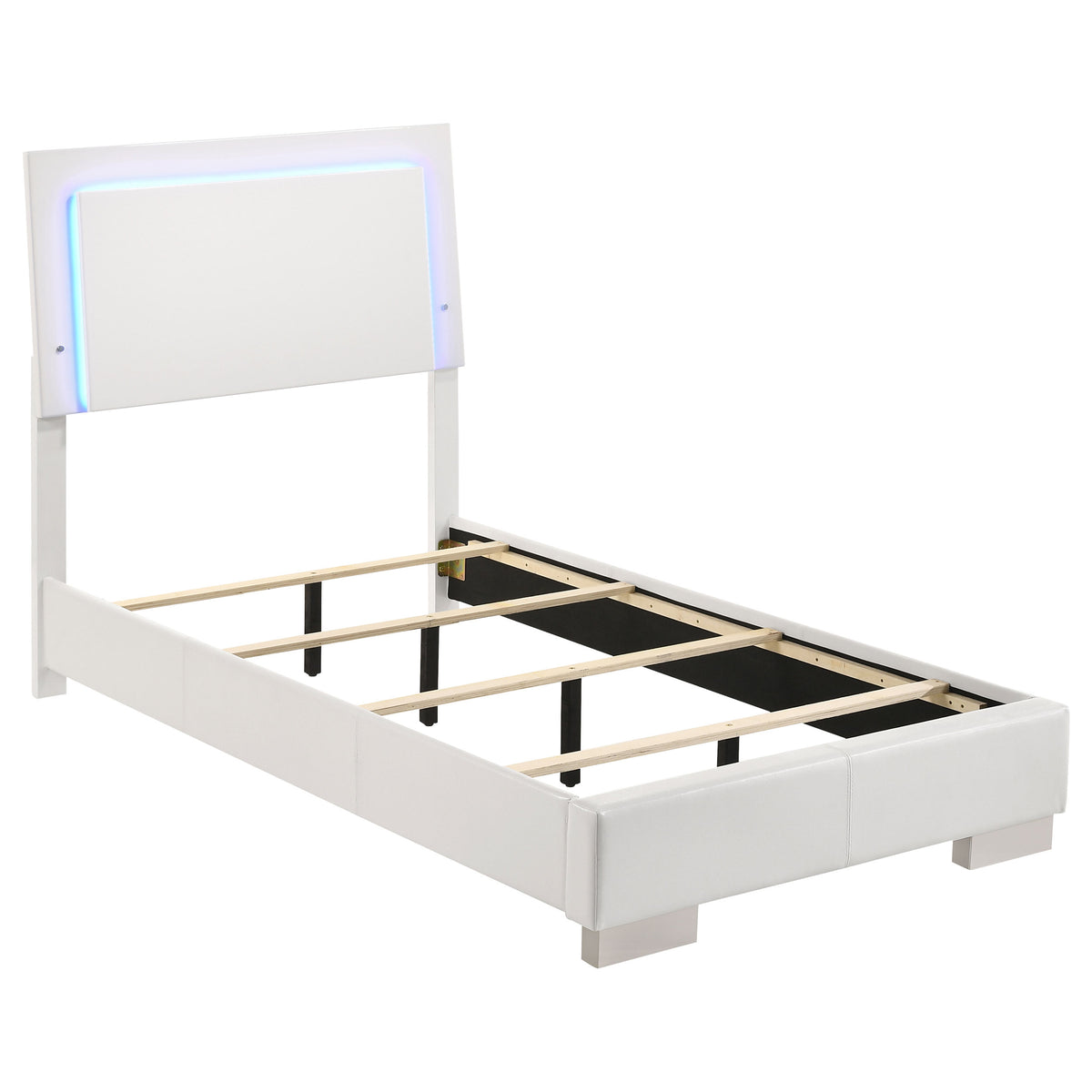 Felicity 5-piece Bedroom Set White High Gloss with Wood LED Panel Bed and Dresser Mirror - Twin