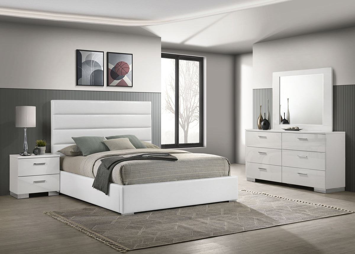 Felicity 4-piece Bedroom Set White High Gloss with 53-inch Upholstered Platform Bed - Queen