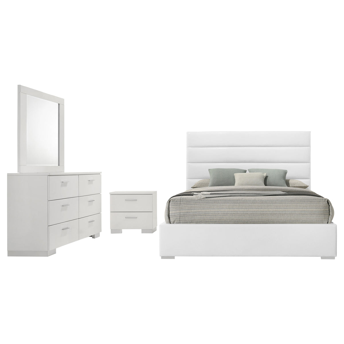 Felicity 4-piece Bedroom Set White High Gloss with 53-inch Upholstered Platform Bed - Queen