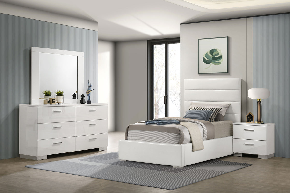 Felicity 4-piece Bedroom Set White High Gloss with 53-inch Upholstered Platform Bed - Twin