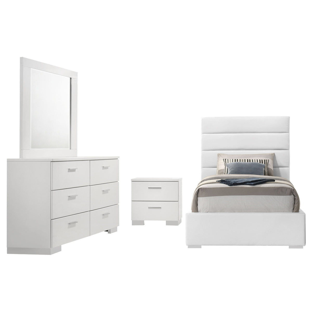 Felicity 4-piece Bedroom Set White High Gloss with 53-inch Upholstered Platform Bed - Twin