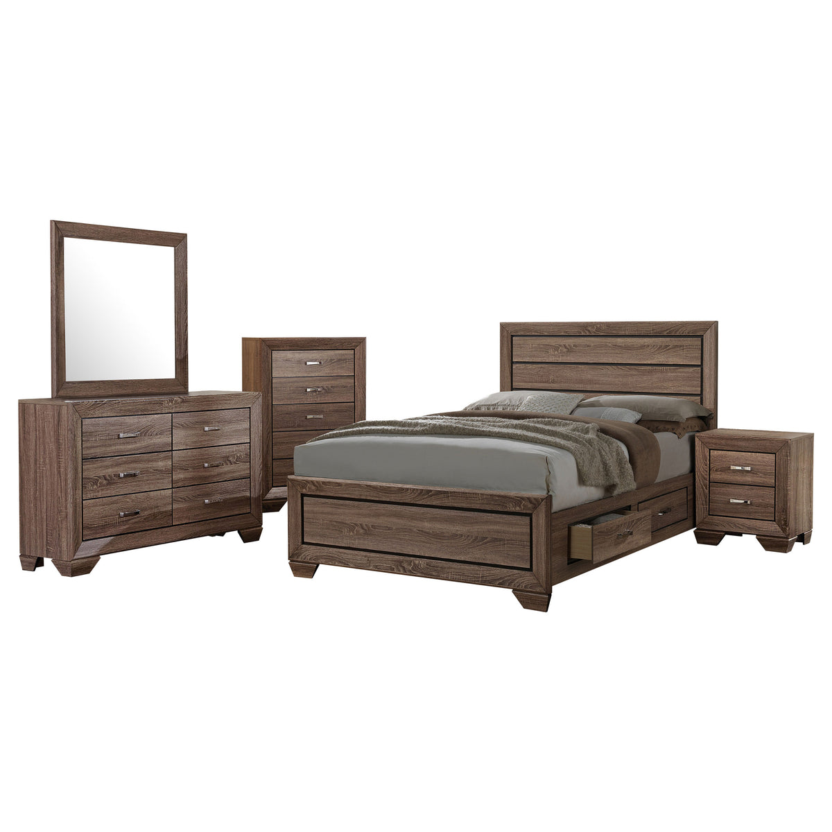 Kauffman 5-piece Bedroom Set with Storage Panel Bed - Eastern King, Washed Taupe