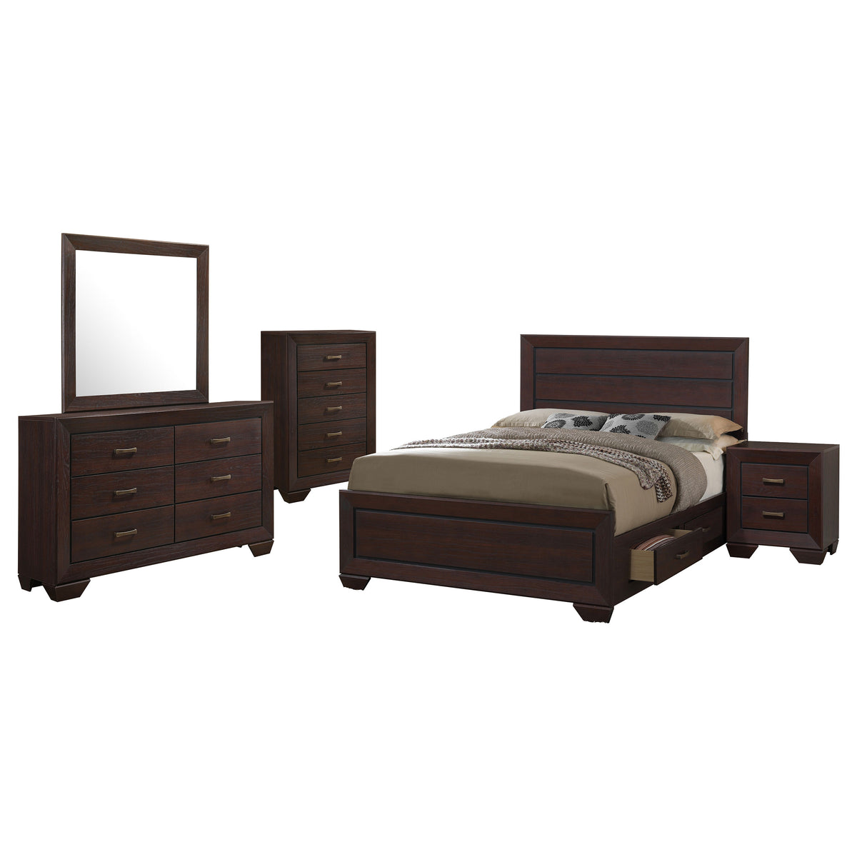 Kauffman 5-piece Bedroom Set with Storage Panel Bed - California King, Dark Cocoa