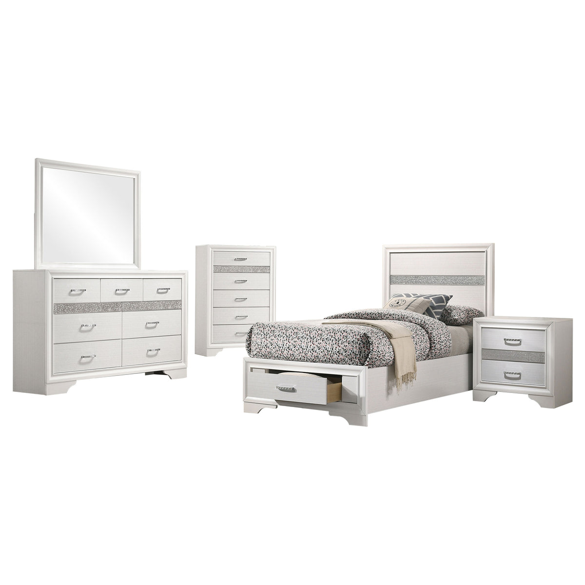 Miranda 5-piece Bedroom Set with 51-inch Wood Storage Panel Bed - Twin, White
