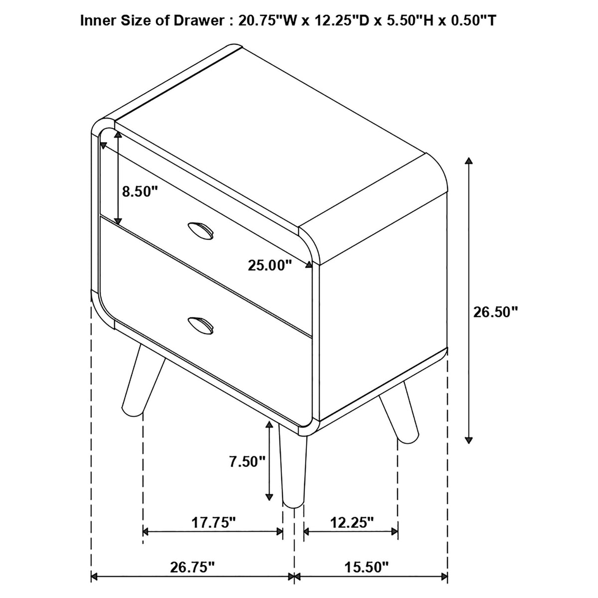 Robyn 2-drawer Nightstand Bedside Table - Dark Walnut