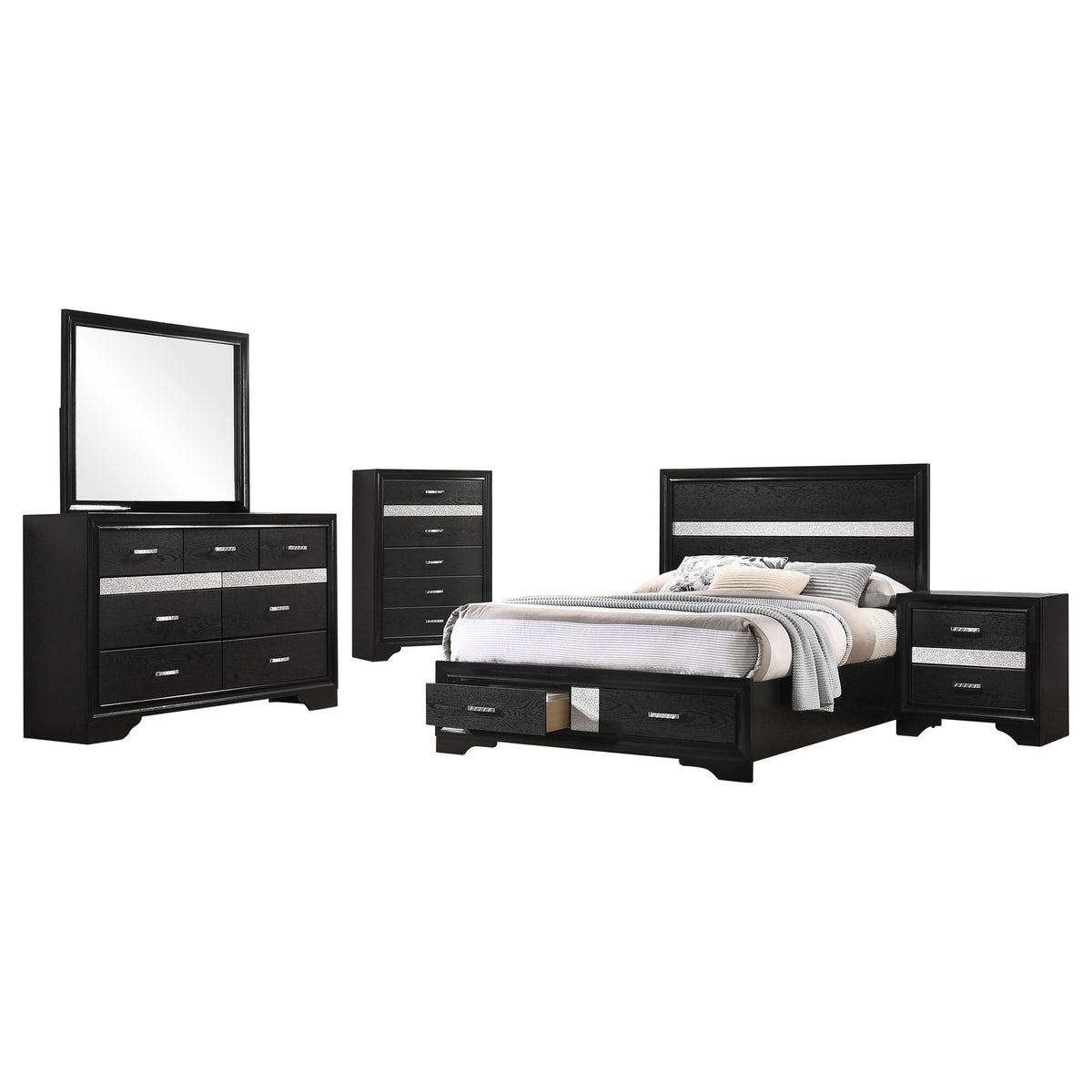 Miranda 5-piece Bedroom Set with 51-inch Wood Storage Panel Bed - Full, Black