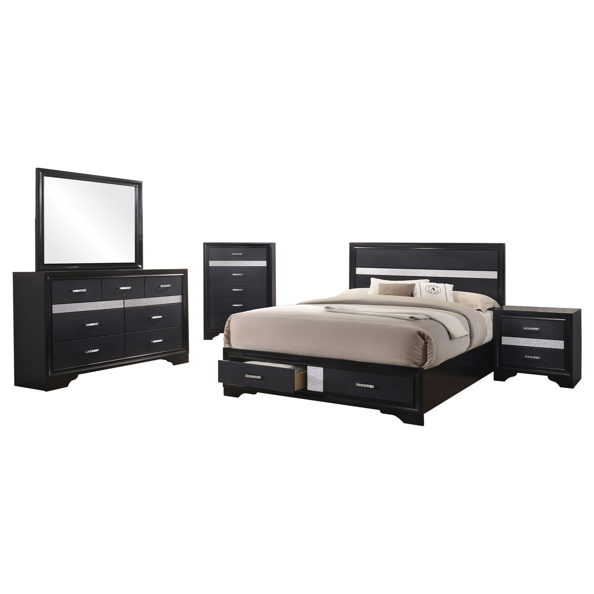 Miranda 5-piece Bedroom Set with 51-inch Wood Storage Panel Bed - Eastern King, Black