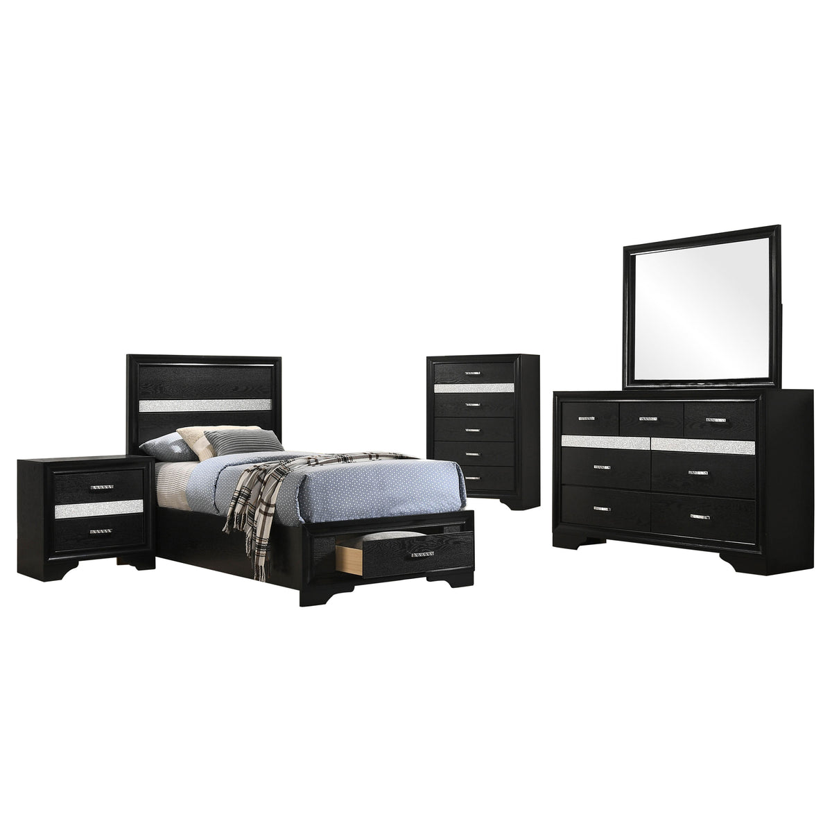 Miranda 5-piece Bedroom Set with 51-inch Wood Storage Panel Bed - Twin, Black