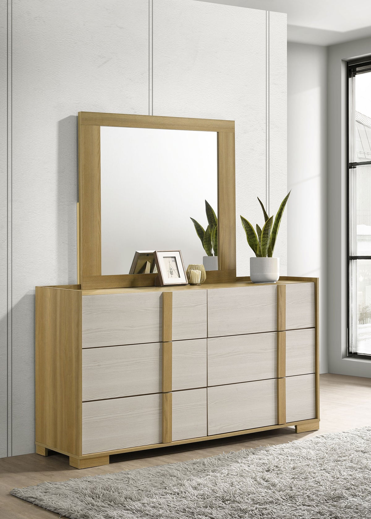 Hyland 6-drawer Dresser Natural - Natural and White, With Mirror