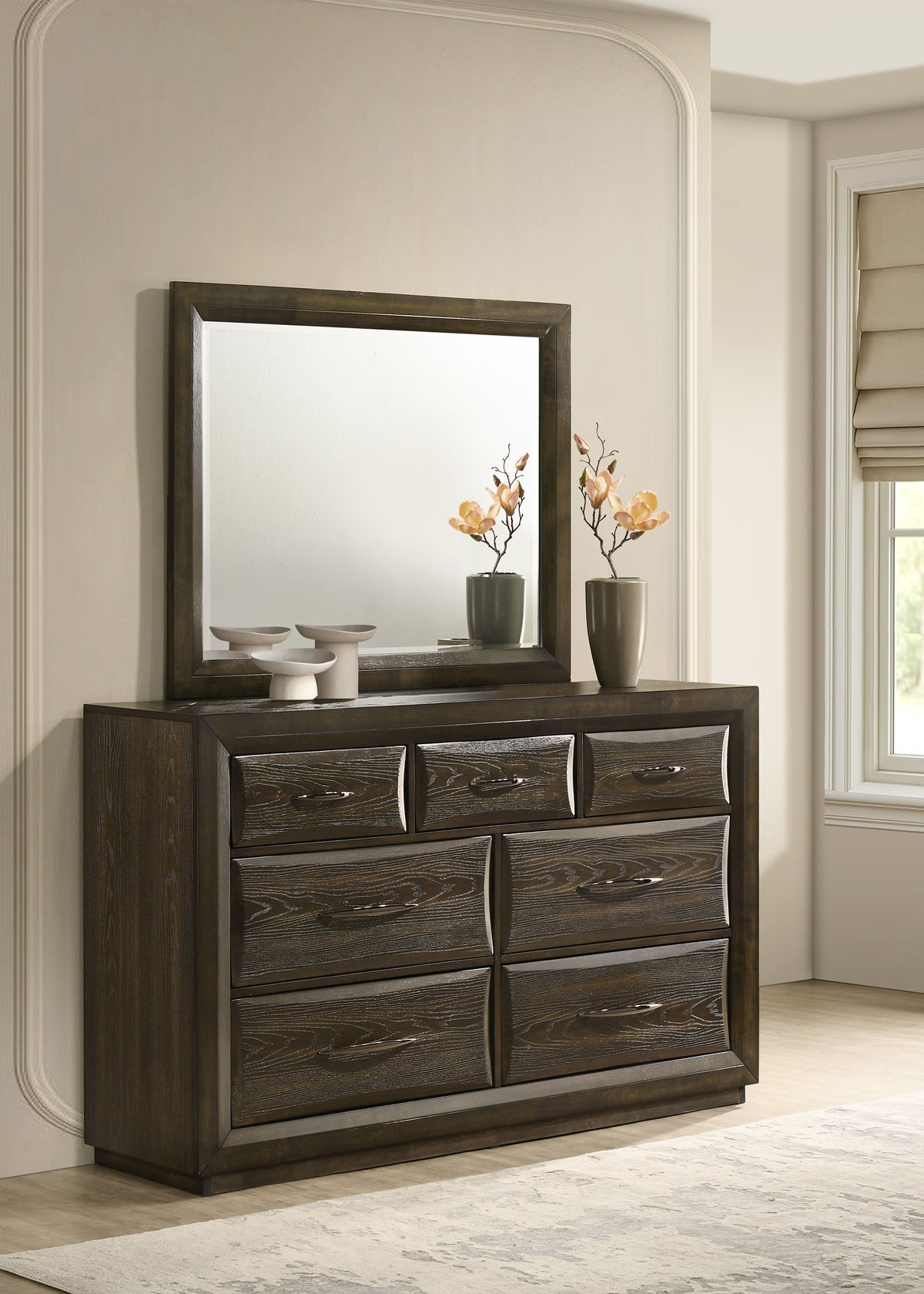 Atlas 7-drawer Bedroom Dresser Dark Oak - With Mirror
