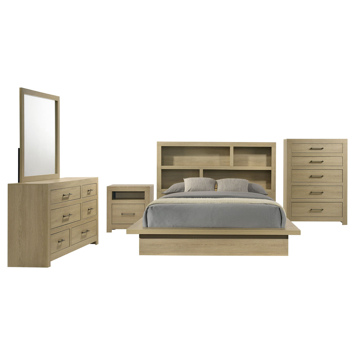 Hendricks 5-piece Bedroom Set Light Oak with Bookcase Headboard Platform Bed - Queen
