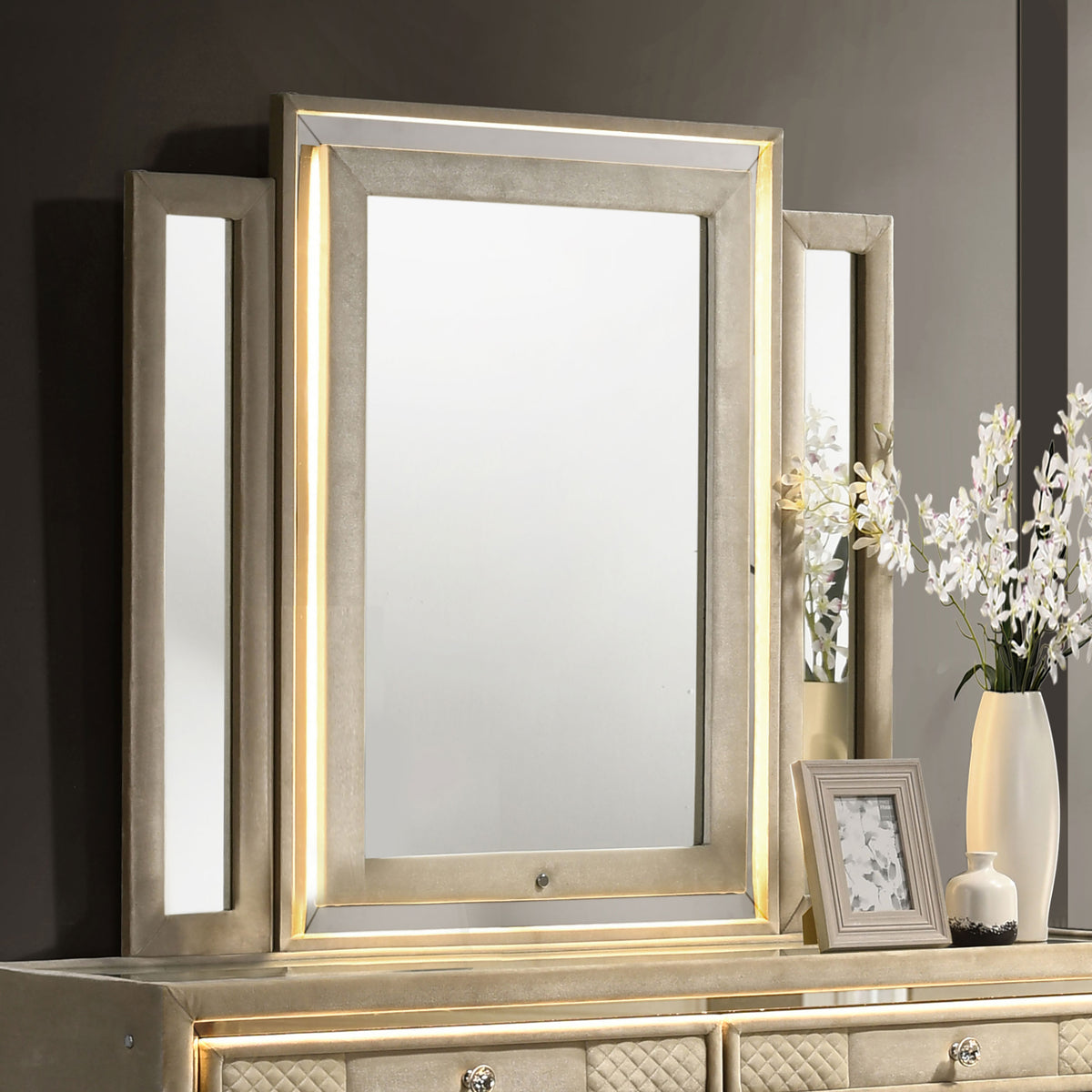 Lorient LED Dresser Mirror - Ivory and Camel