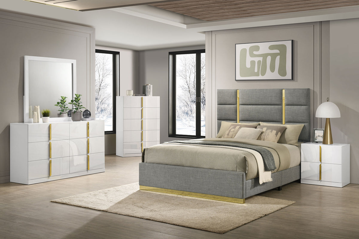 Ines 5-piece Bedroom Set White High Gloss - Eastern King, Grey