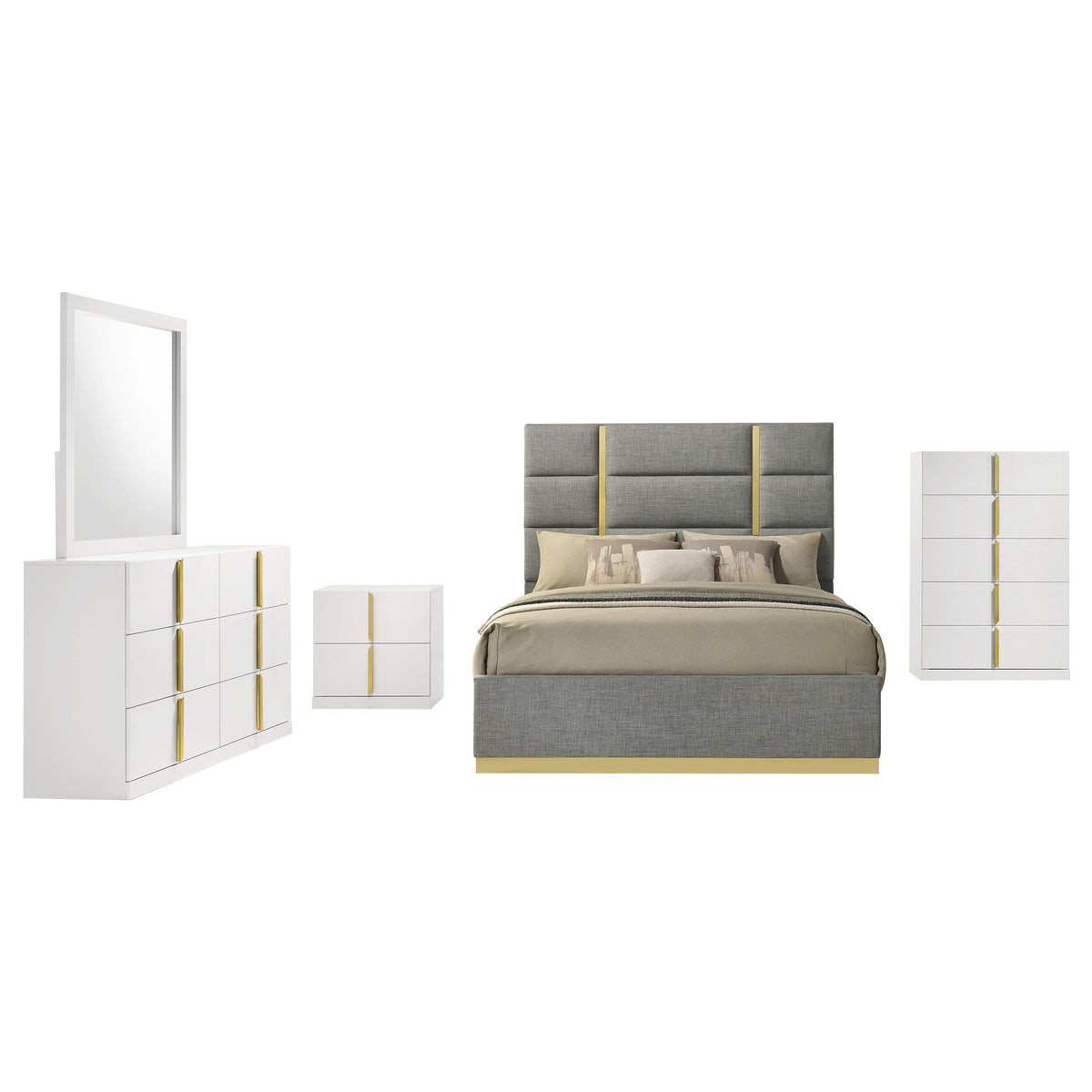 Ines 5-piece Bedroom Set White High Gloss - Eastern King, Grey