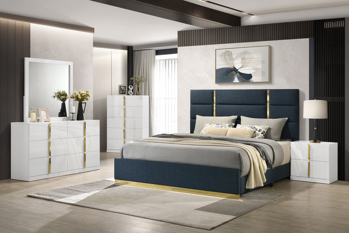 Ines 5-piece Bedroom Set White High Gloss - Eastern King, Navy
