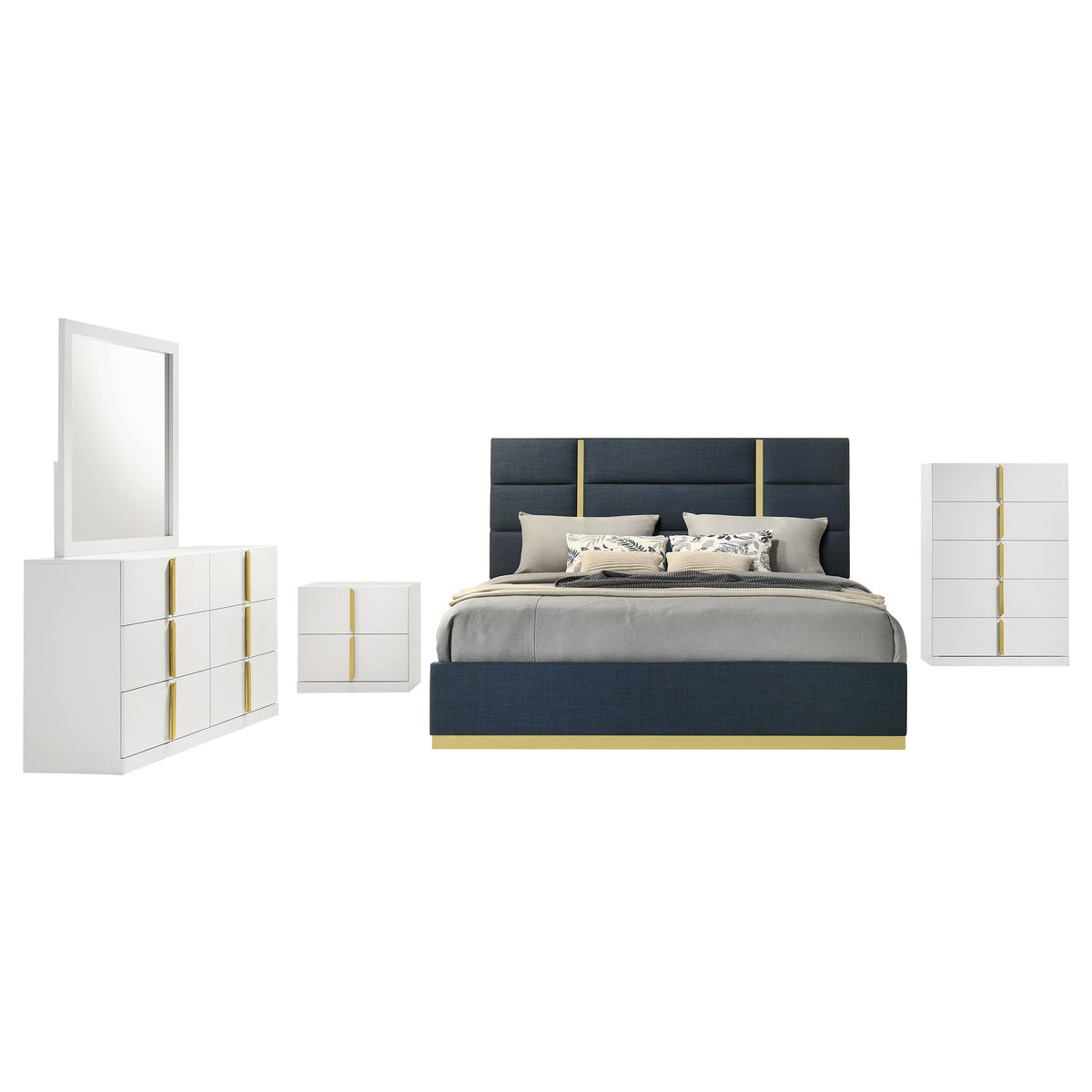 Ines 5-piece Bedroom Set White High Gloss - Eastern King, Navy