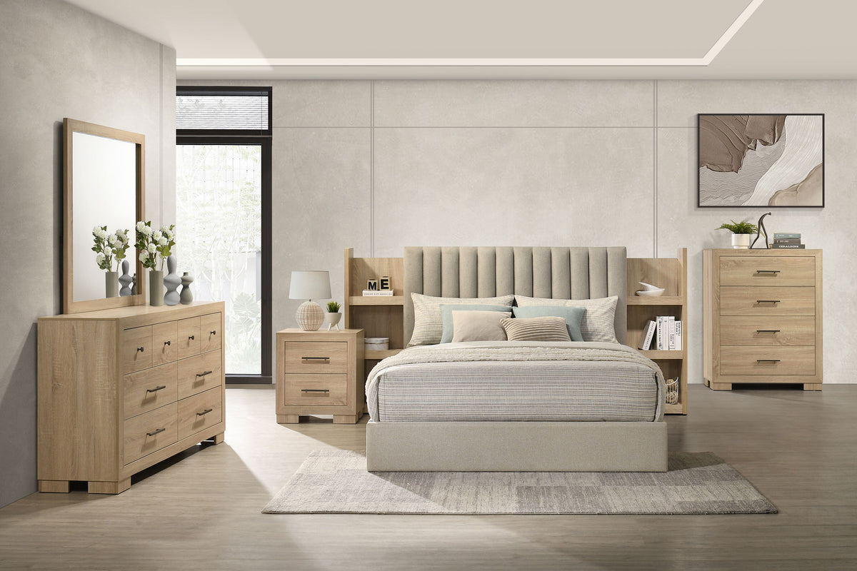 Arielle 5-Piece Upholstered Bedroom Set Light Oak - Eastern King