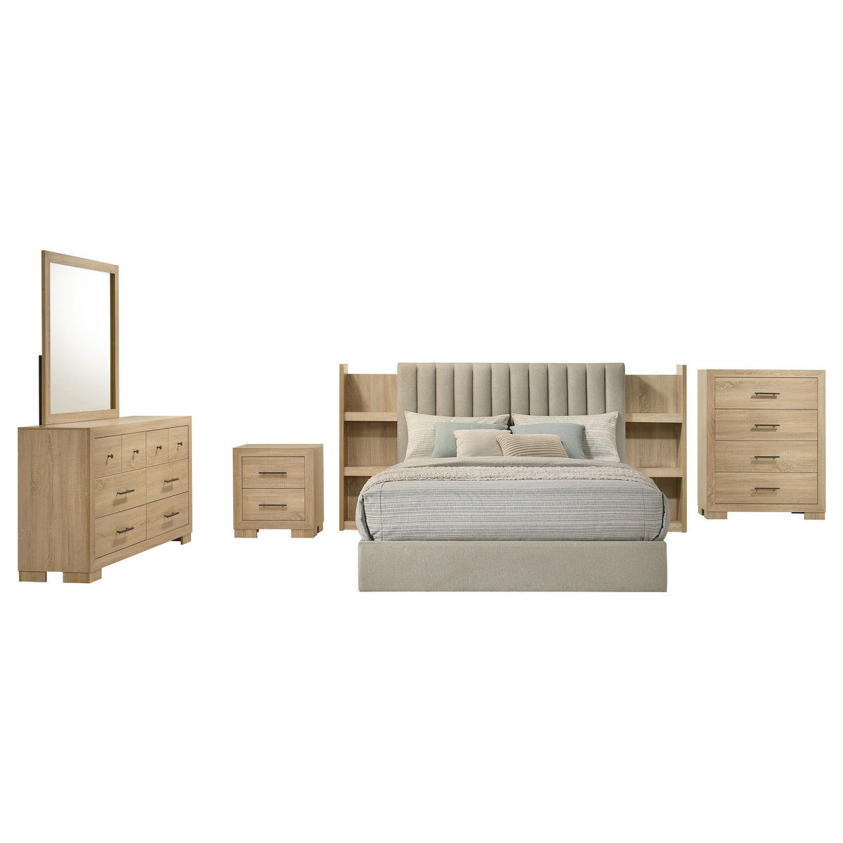 Arielle 5-Piece Upholstered Bedroom Set Light Oak - Eastern King