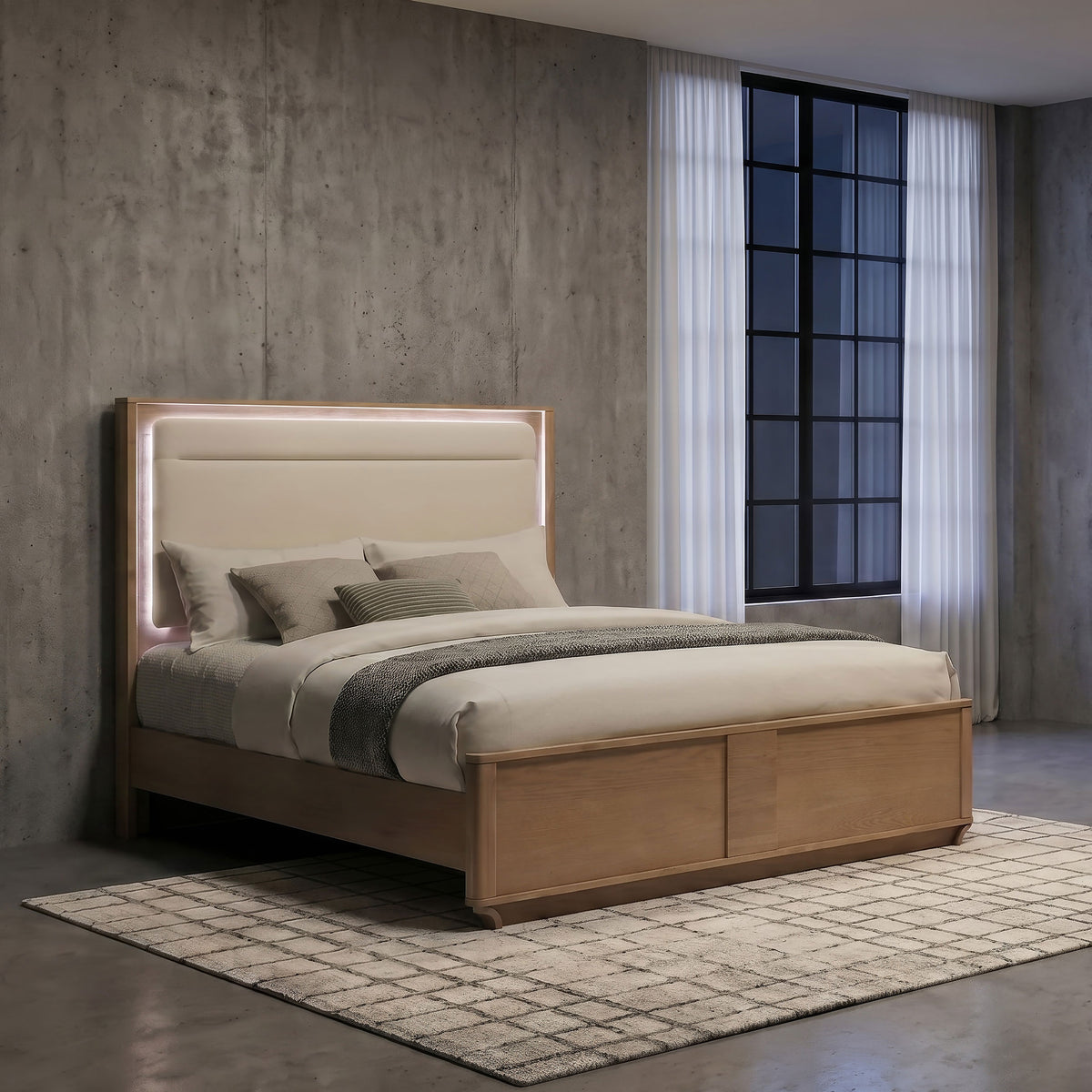 Leanne LED Panel Bed Off White and Light Oak - Eastern King