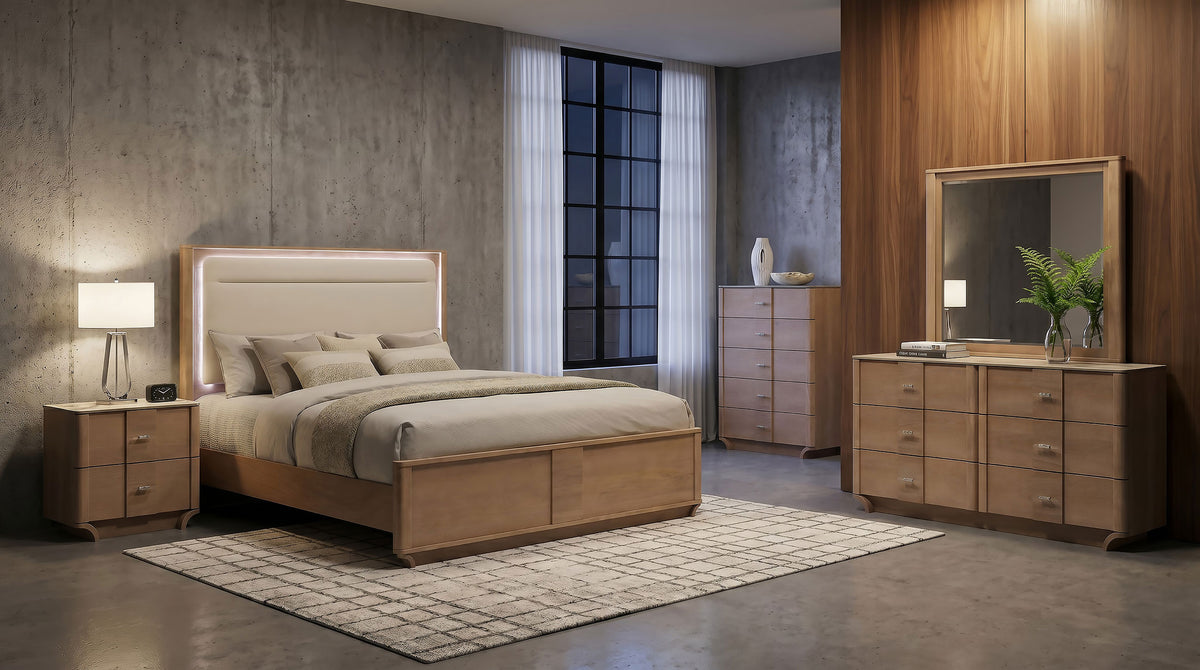Leanne LED Panel Bed Off White and Light Oak - Eastern King