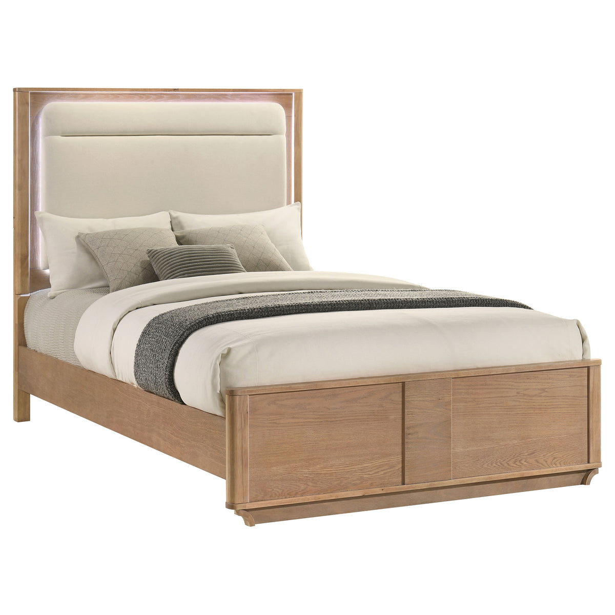 Leanne LED Panel Bed Off White and Light Oak - Queen