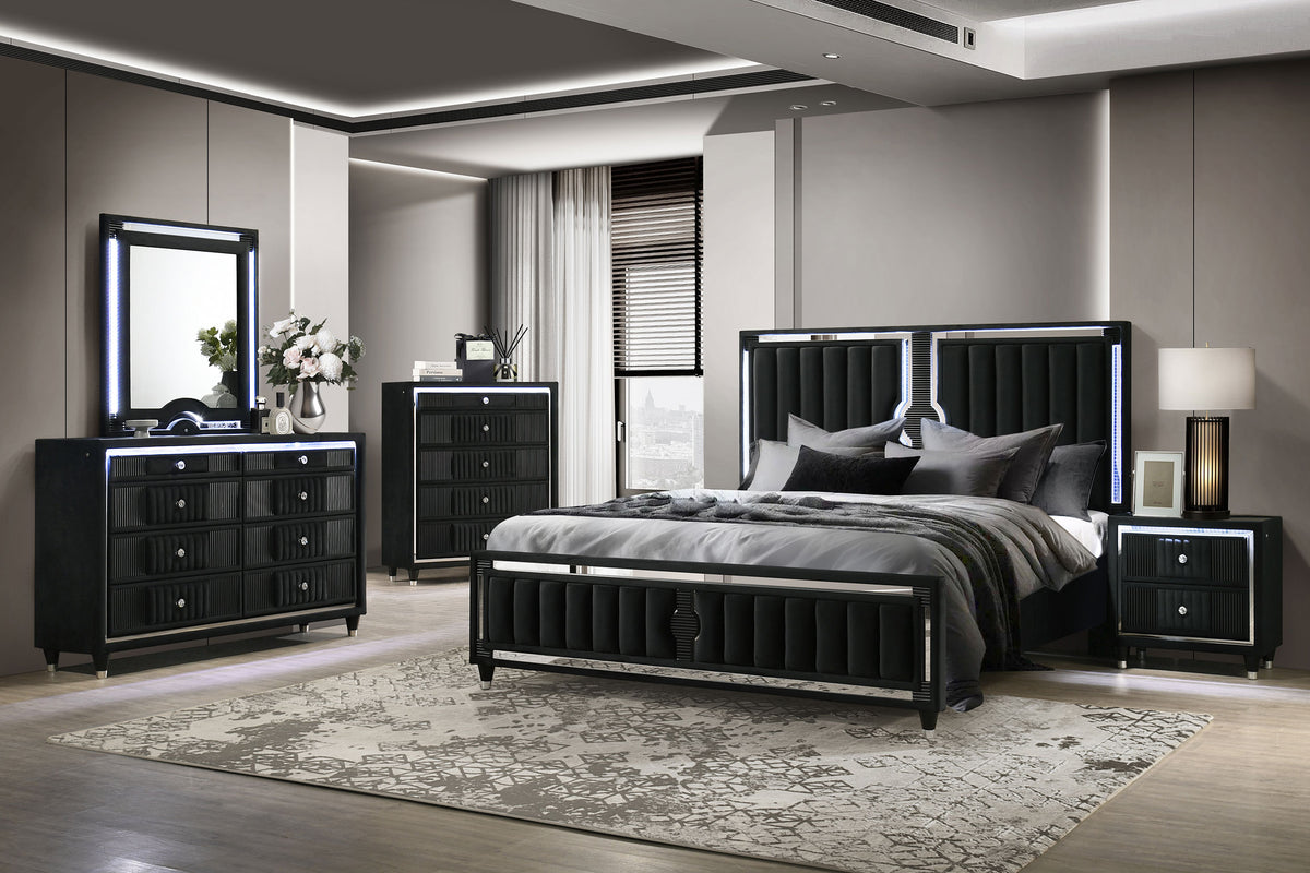 Ravenne 5-piece Velvet Upholstered LED Bedroom Set Black - Eastern King