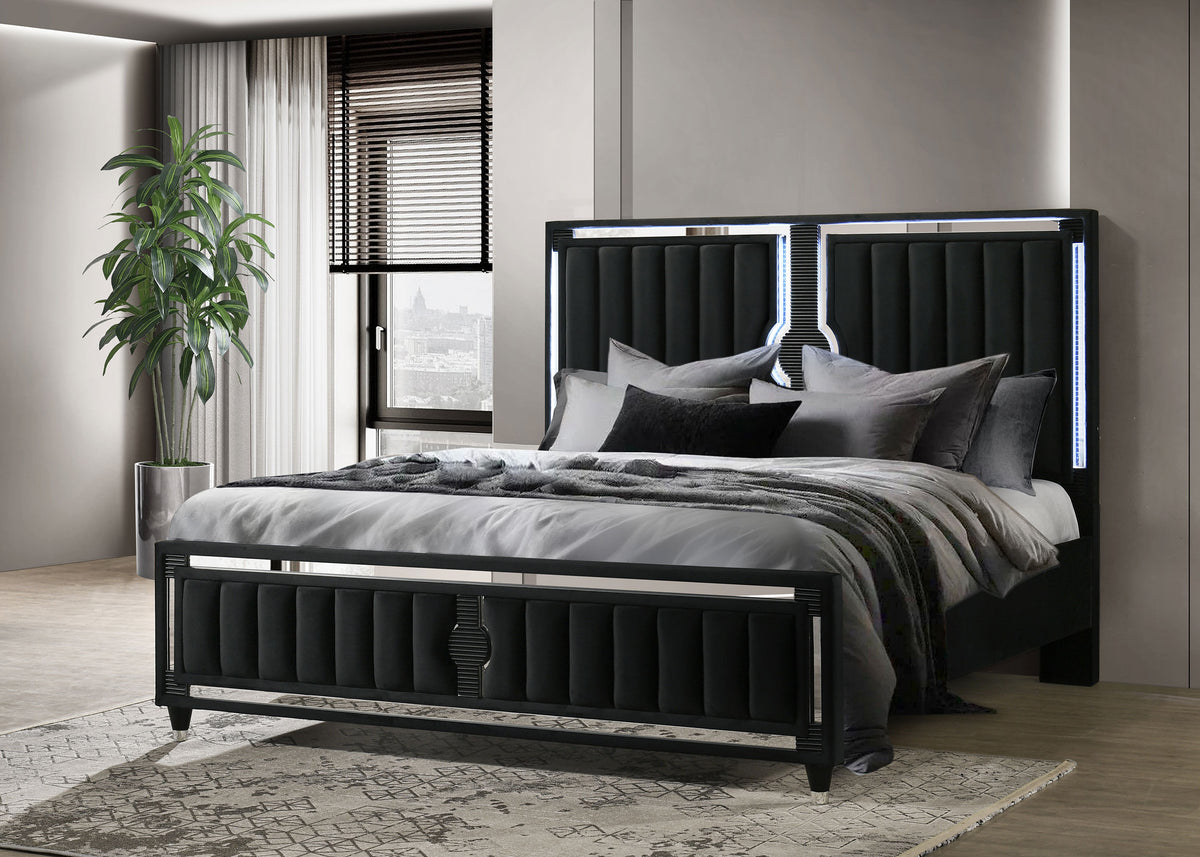 Ravenne Velvet Upholstered LED Panel Bed Black - Eastern King
