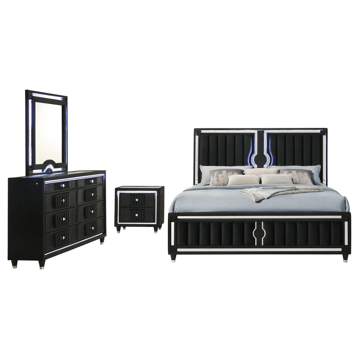 Ravenne 4-piece Velvet Upholstered LED Bedroom Set Black - California King