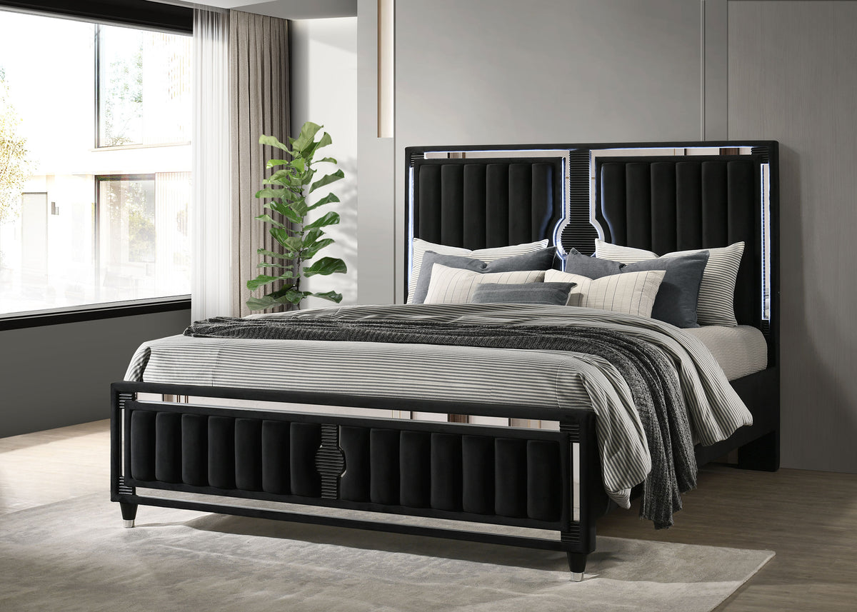 Ravenne Velvet Upholstered LED Panel Bed Black - California King