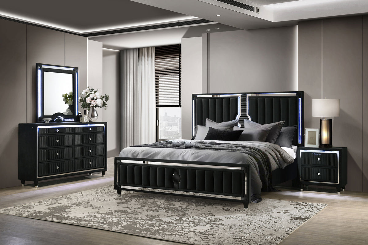 Ravenne 4-piece Velvet Upholstered LED Bedroom Set Black - Queen