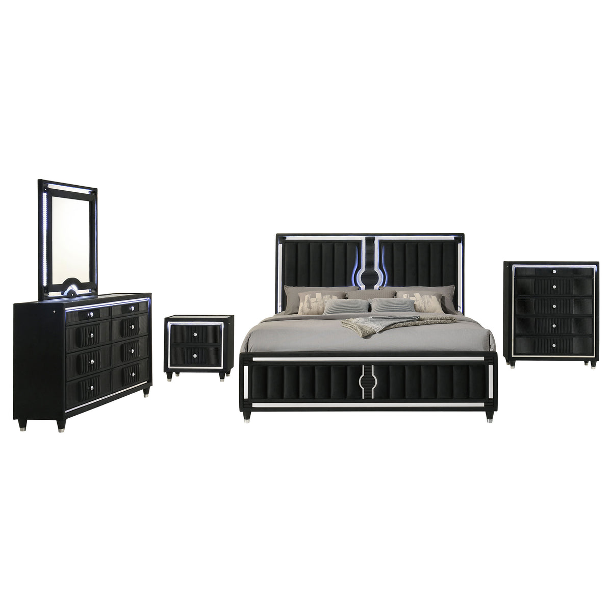 Ravenne 5-piece Velvet Upholstered LED Bedroom Set Black - Queen