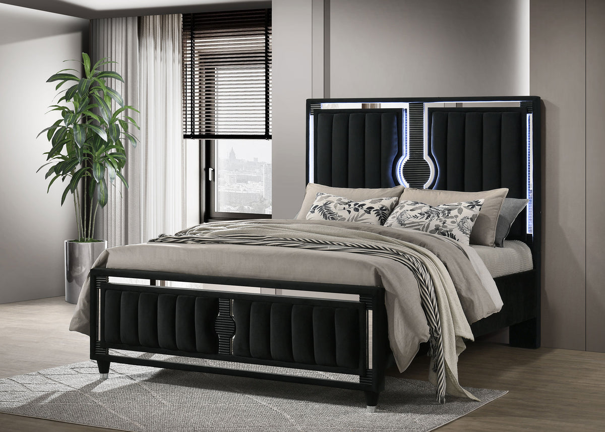 Ravenne Velvet Upholstered LED Panel Bed Black - Queen