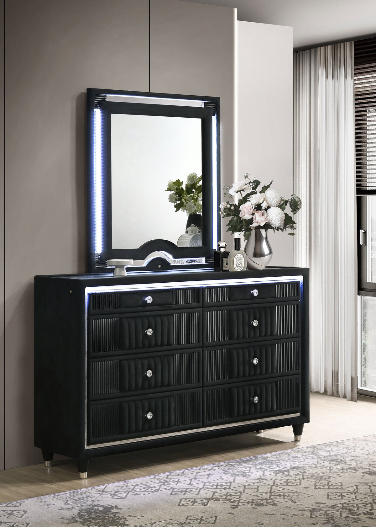 Ravenne 8-drawer Velvet Upholstered LED Dresser Black - With Mirror