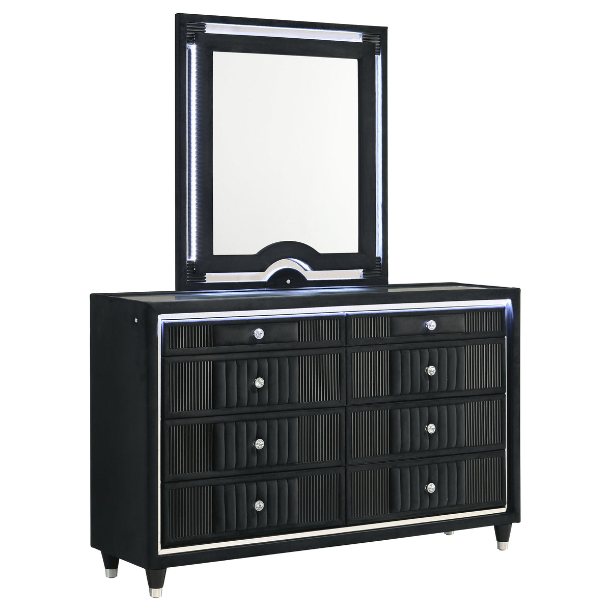 Ravenne 8-drawer Velvet Upholstered LED Dresser Black - With Mirror