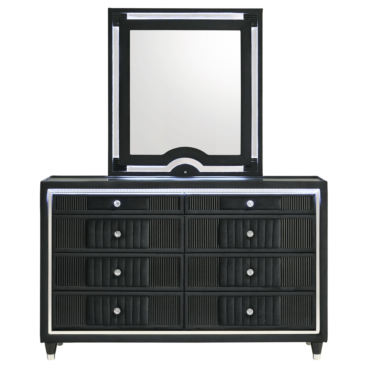 Ravenne 8-drawer Velvet Upholstered LED Dresser Black - With Mirror